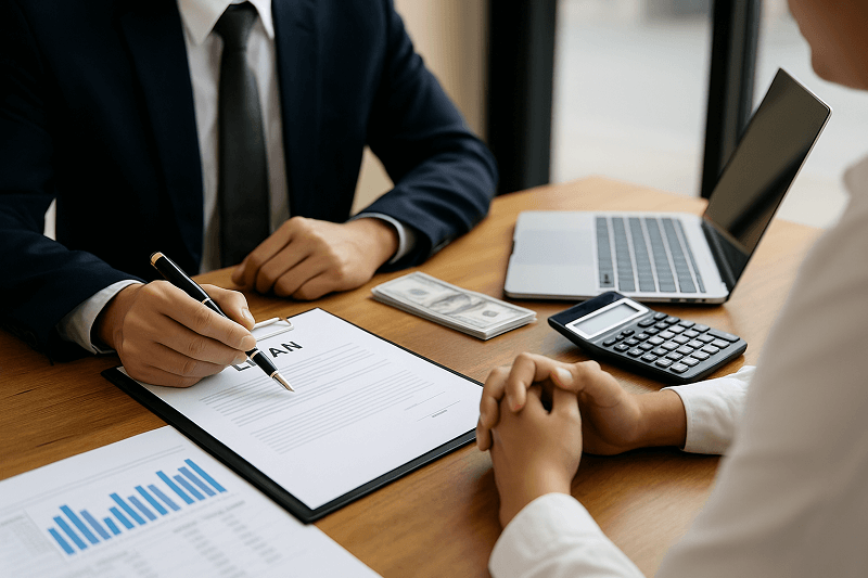 מפגש ייעוץ פיננסי בין לקוח ליועץ של TAYSO FUNDS לצורך קבלת הלוואה לעסק