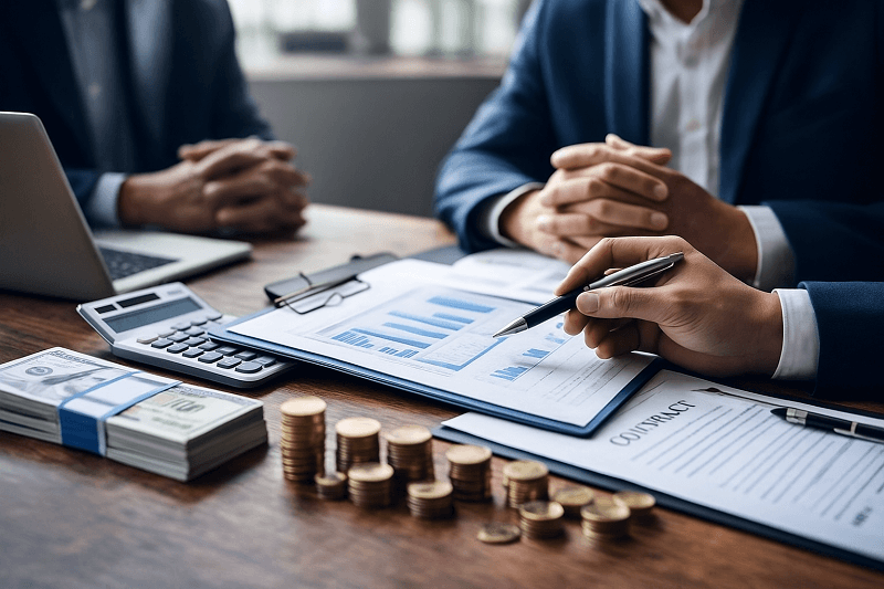 פגישה עסקית עם יועץ פיננסי הכוללת בדיקת גרפים, חוזים וערימות כסף על שולחן עבודה