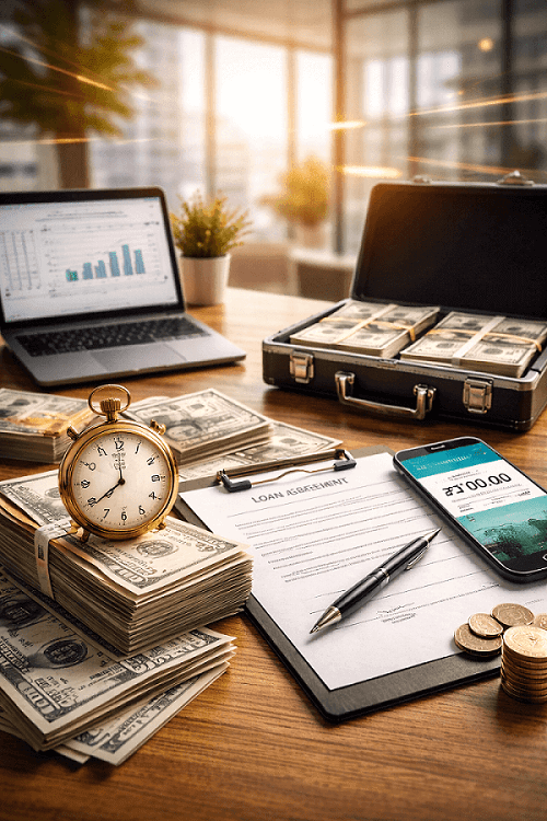 הסכם הלוואה מיידית לעסקים עם מזומן, תיק כסף, מחשב נייד ונתוני צמיחה פיננסיים