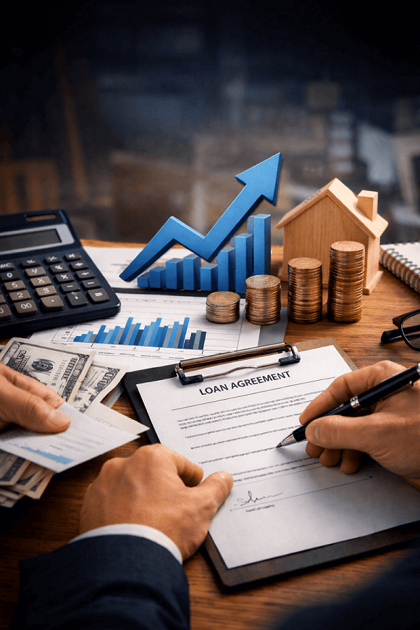 חתימה על גיוס אשראי לעסקים להשקעת נדל"ן עם גרף צמיחה, מטבעות ומודל בית